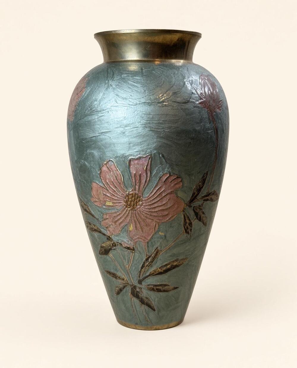 Brass Vase Embossed Floral India 9in Teal Patina
